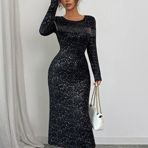 Sequined Long Sleeve Bodycon Dress | New Midi Cocktail Dress